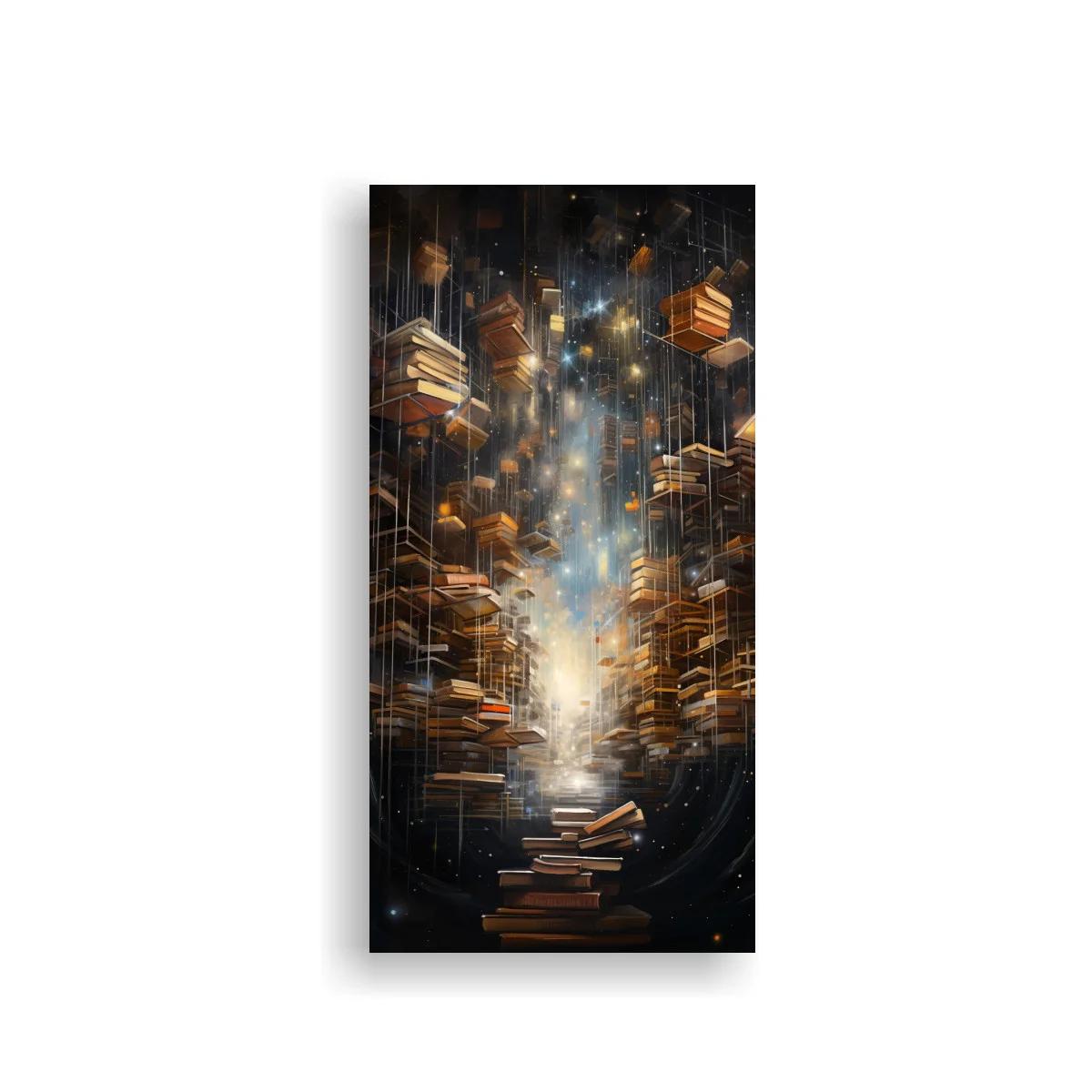 Cuadro torre de libros con resplandor dorado — imagen principal