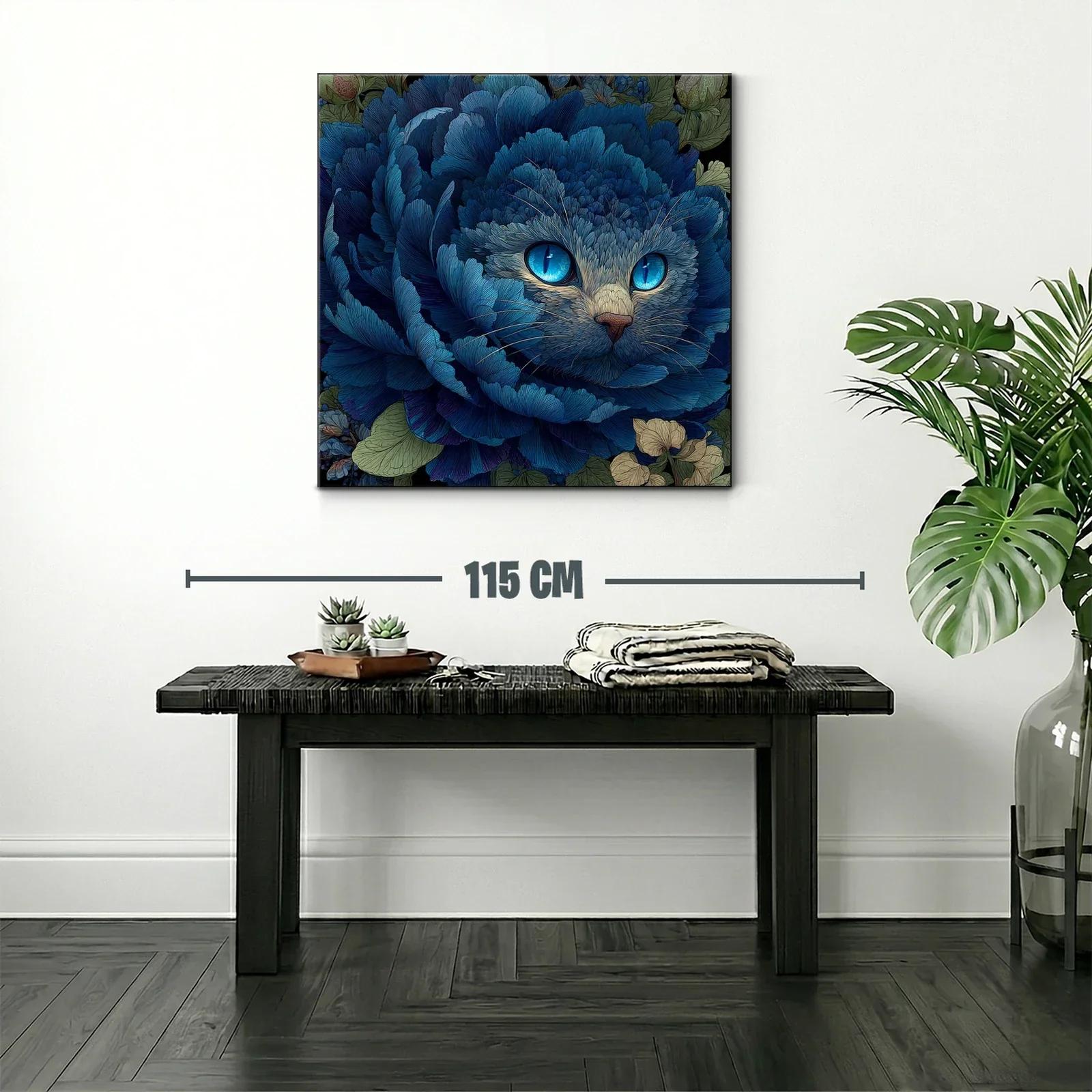 Gato entre pétalos azules con mirada hipnótica y detalle floral — miniatura 2