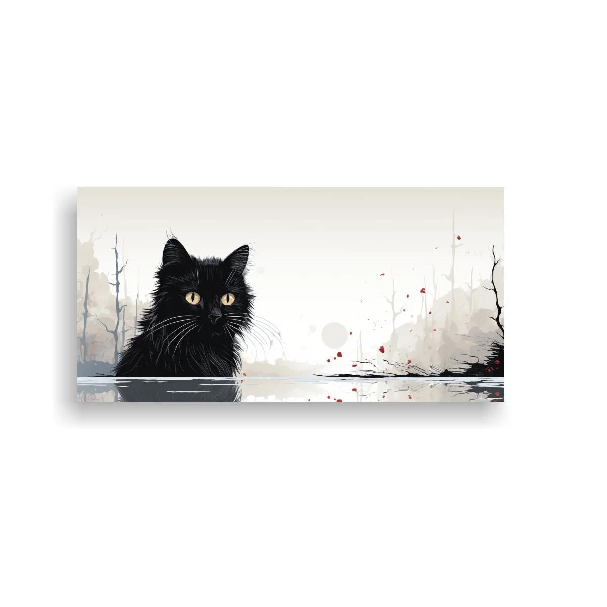 Cuadro gato negro de pelo largo en paisaje brumoso — imagen principal