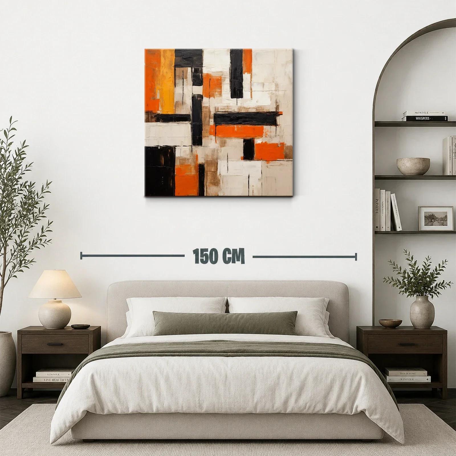 Cuadro abstracto con bloques en naranja negro y beige — miniatura 3
