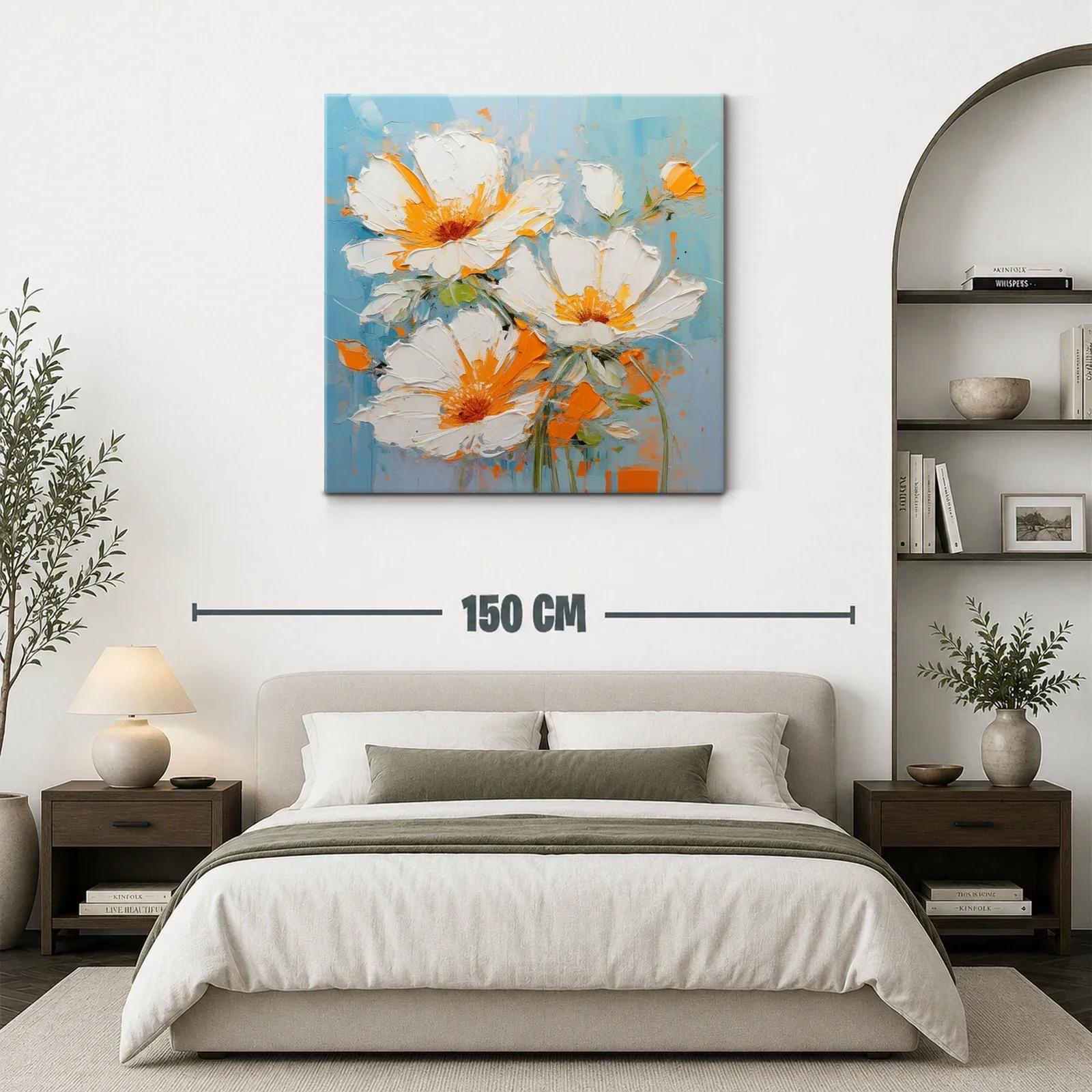 Cuadro con flores blancas y detalles naranjas sobre fondo azul — miniatura 3
