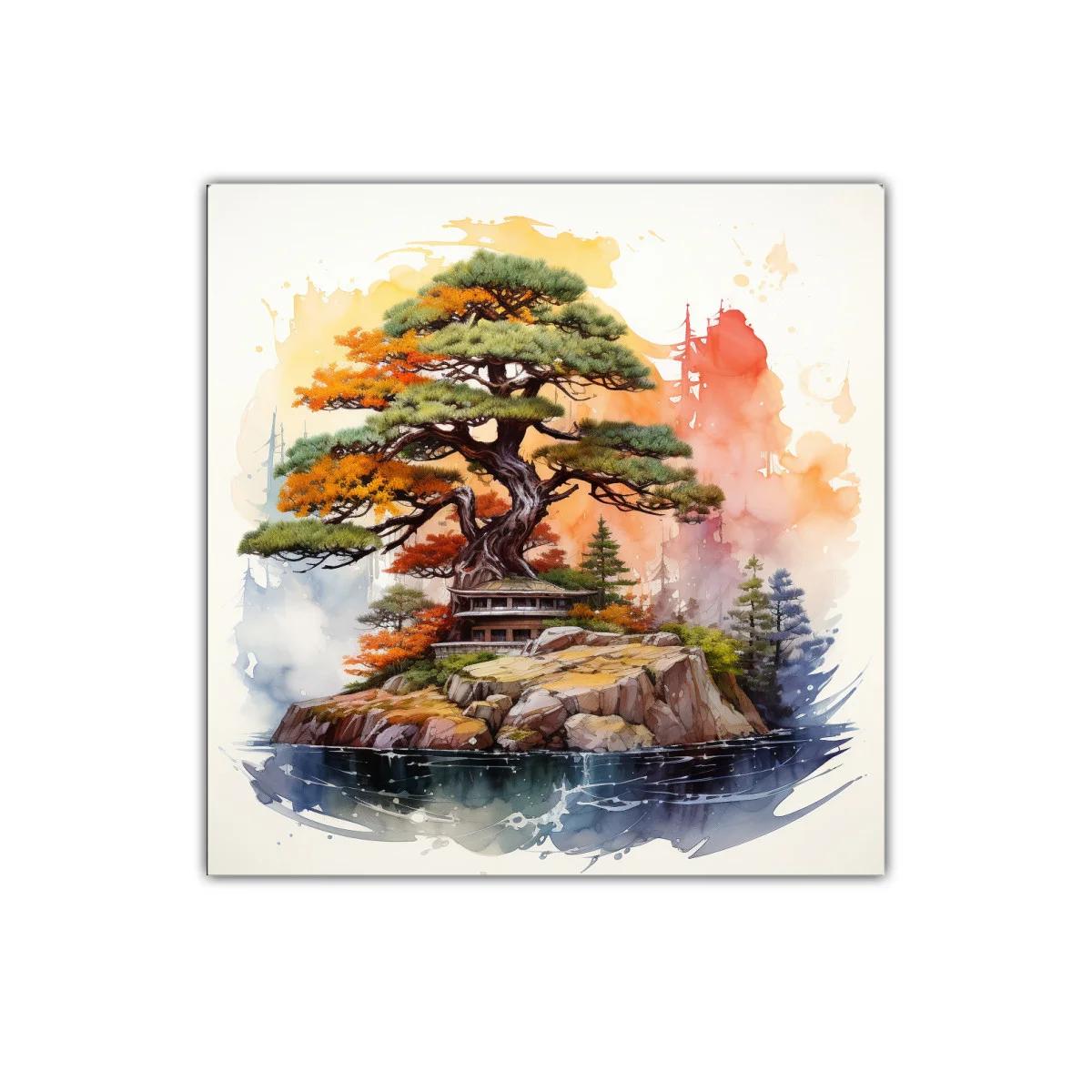 Paisaje sereno con árbol y refugio en isla rocosa — miniatura 1