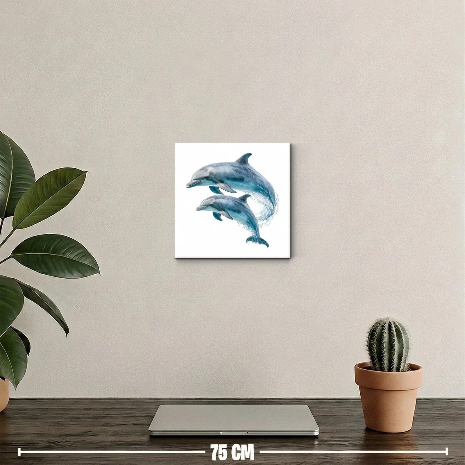 Cuadro de delfines saltando en tonos azules y grises — miniatura 2