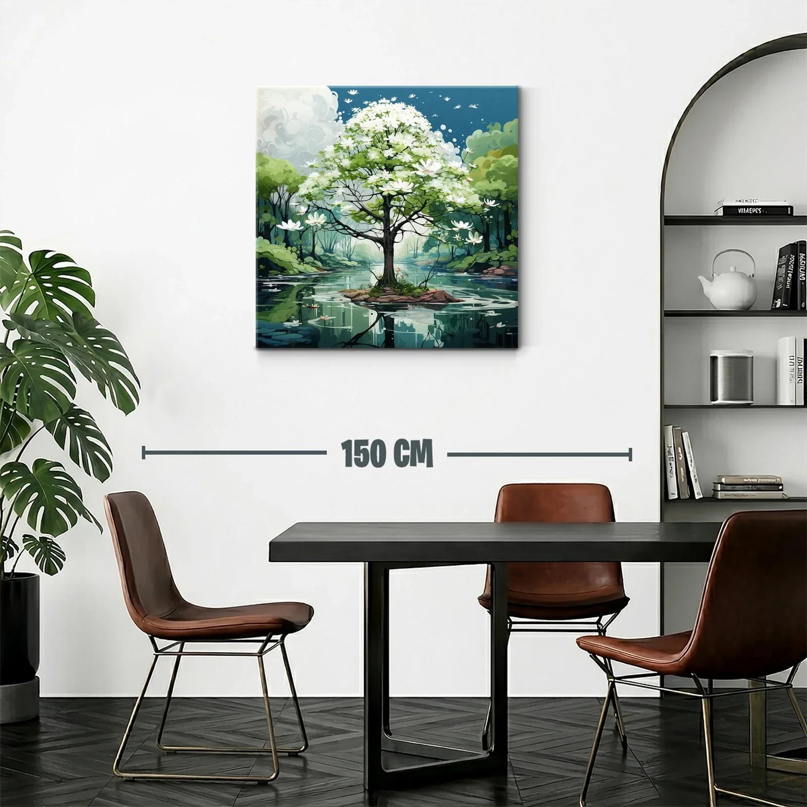 Árbol en flor sobre lago sereno con paisaje natural — miniatura 2