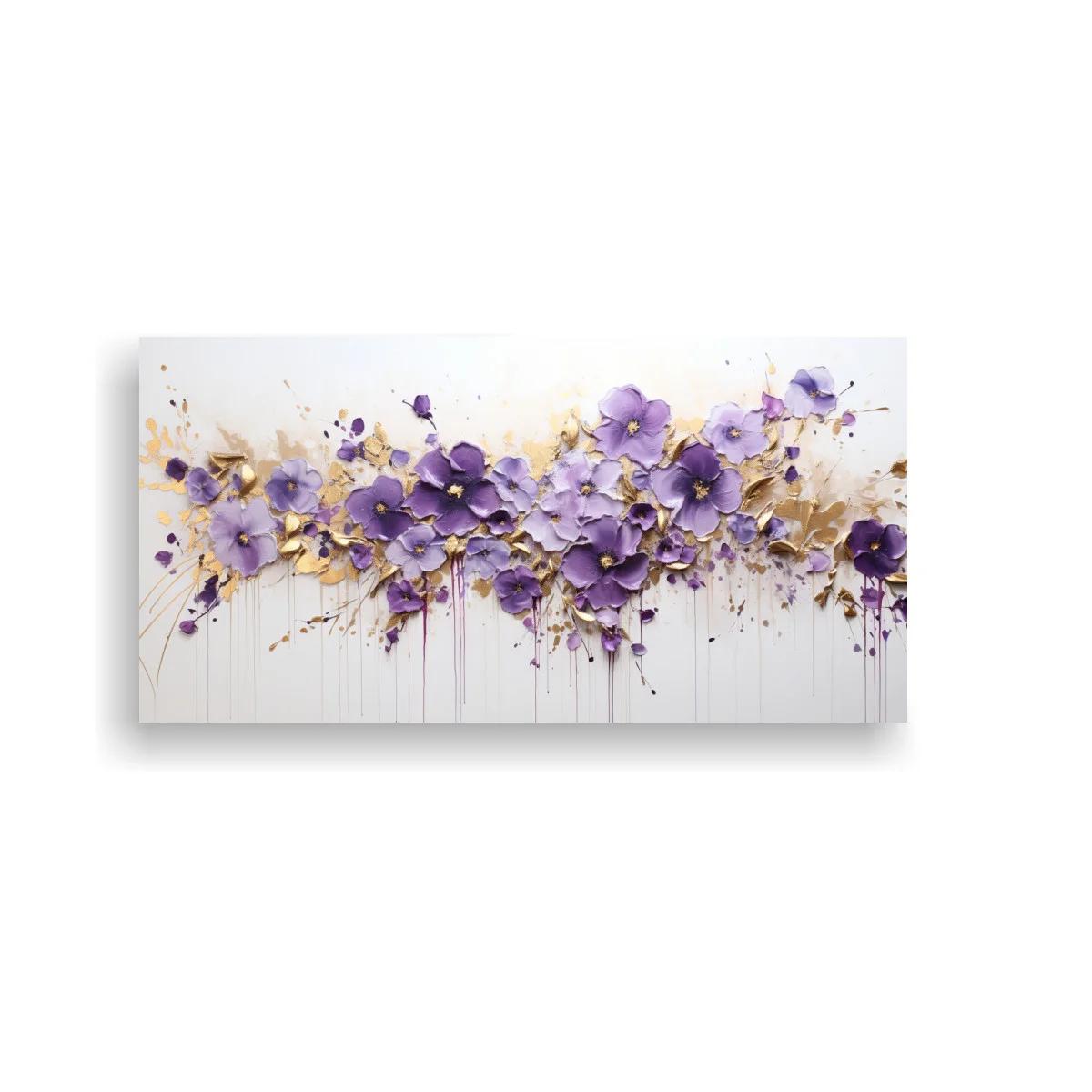Cuadro flores moradas con textura empastada y goteos dorados — imagen principal