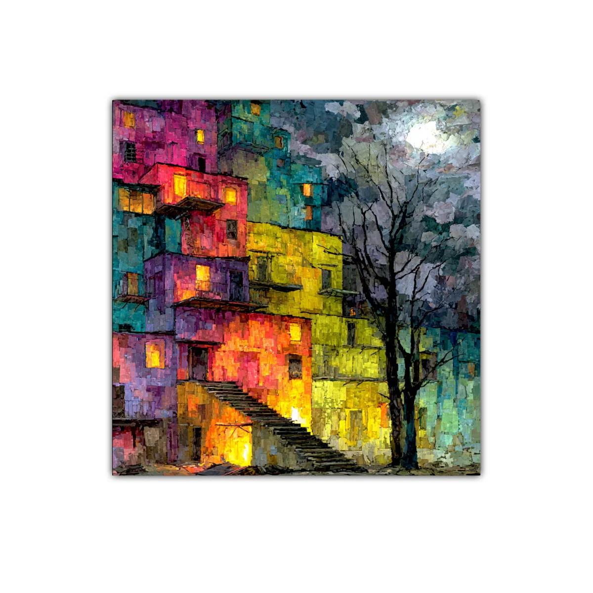 Ciudad nocturna vibrante con colores intensos y árbol solitario — miniatura 1
