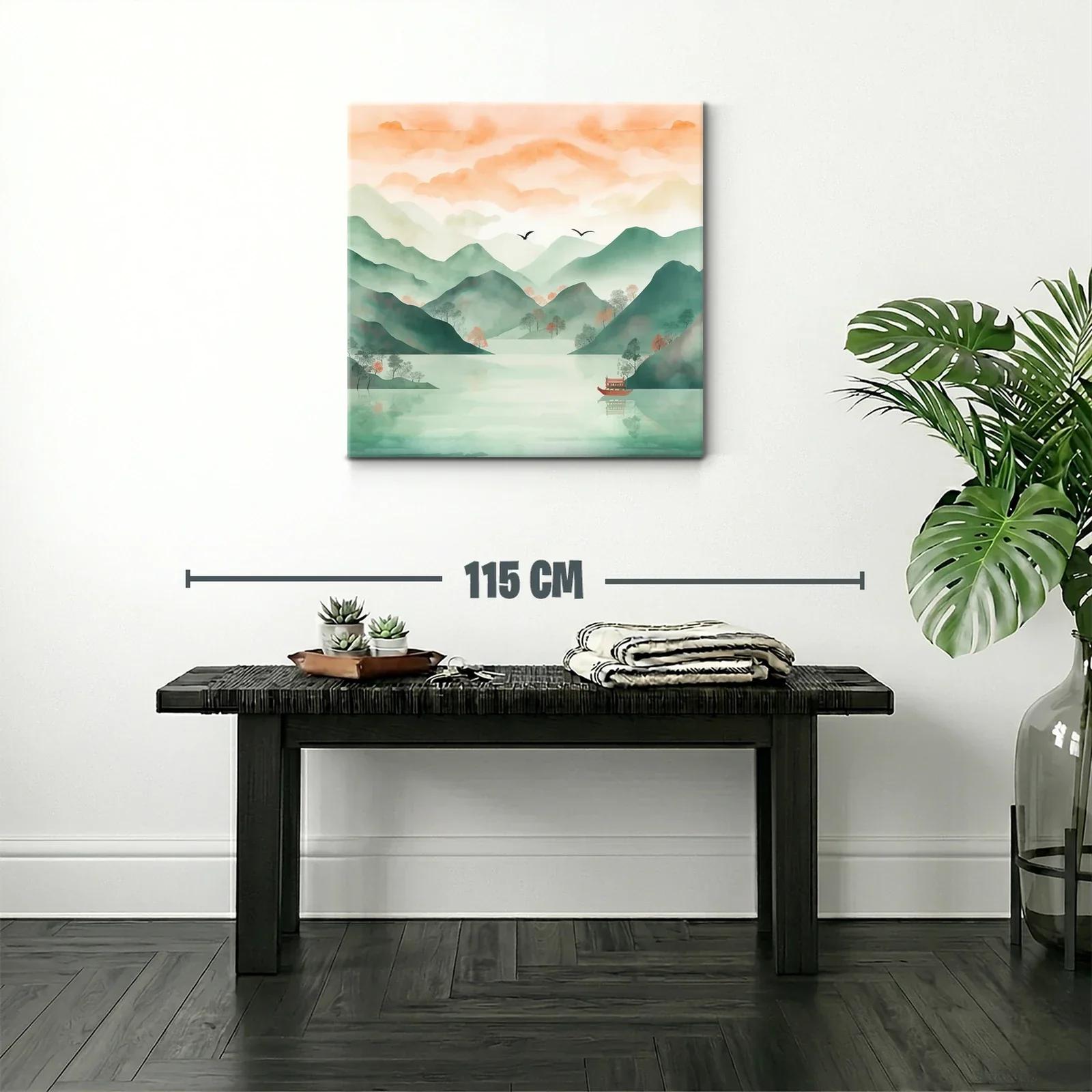 Serena escena de montañas y lago con tonos pastel cálidos — miniatura 2