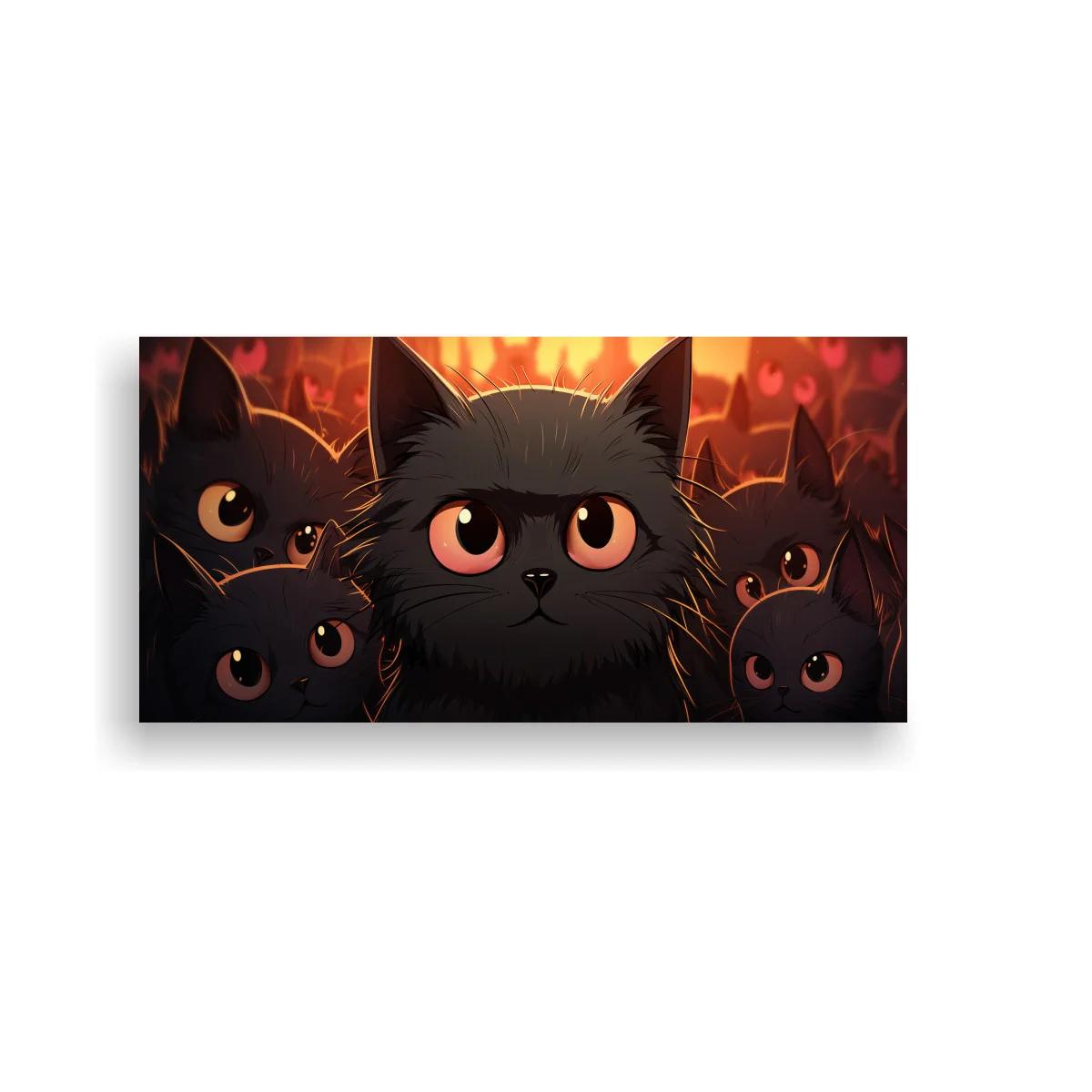 Cuadro gatito negro de ojos grandes con corazones luminosos — imagen principal