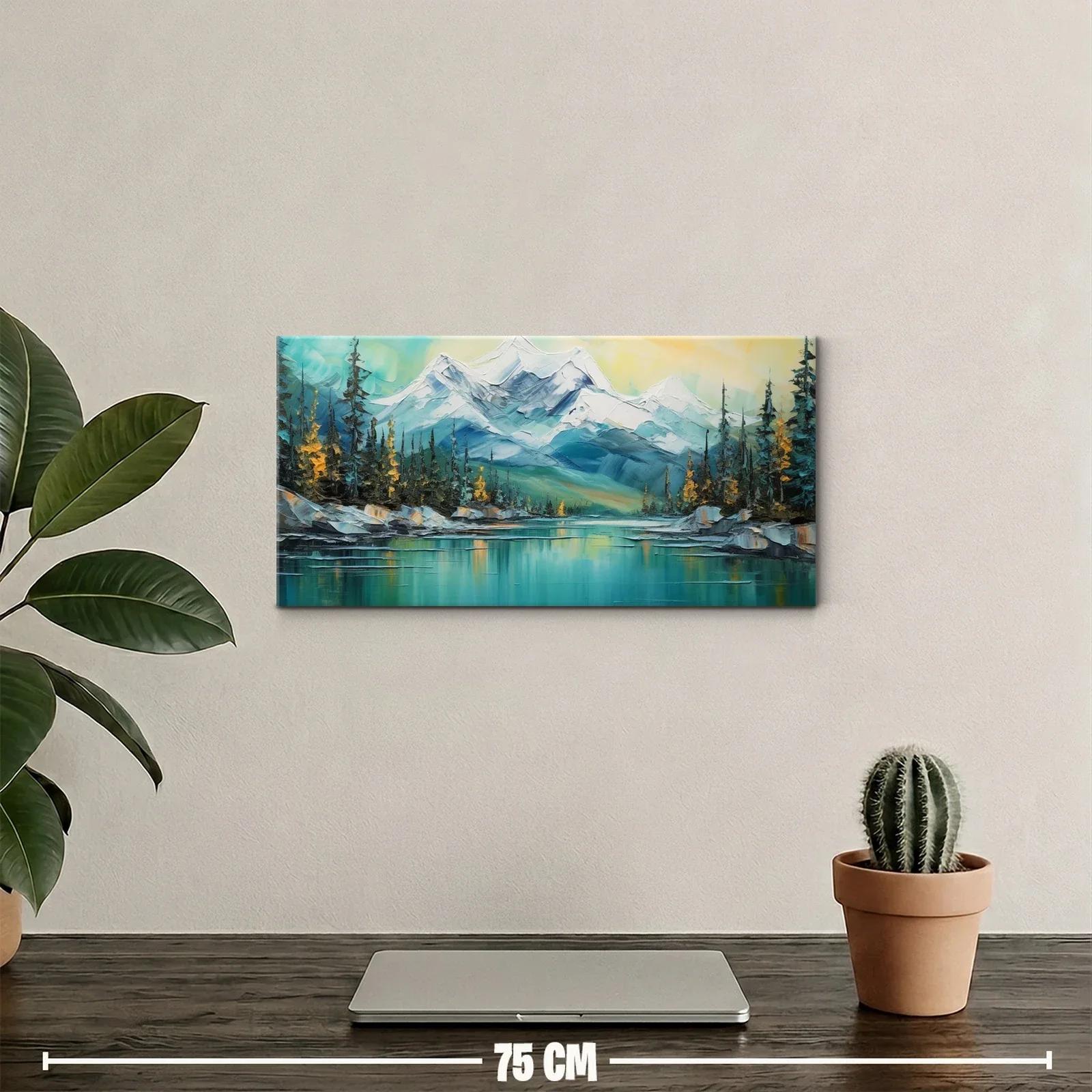 Cuadro lago de montaña con bosque de coníferas y rocas con nieve — miniatura 2