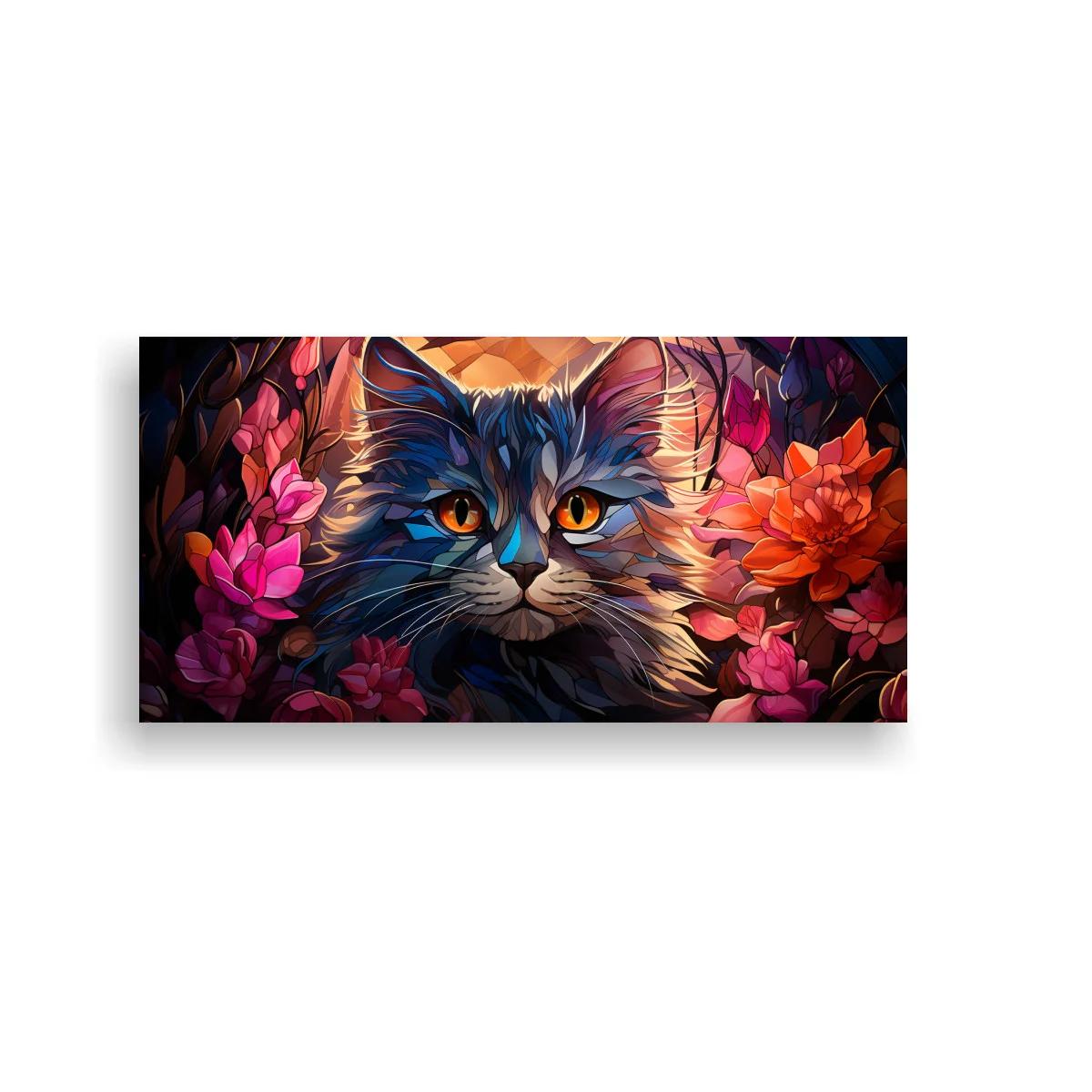 Cuadro gato de pelo largo entre flores coral y rosa
