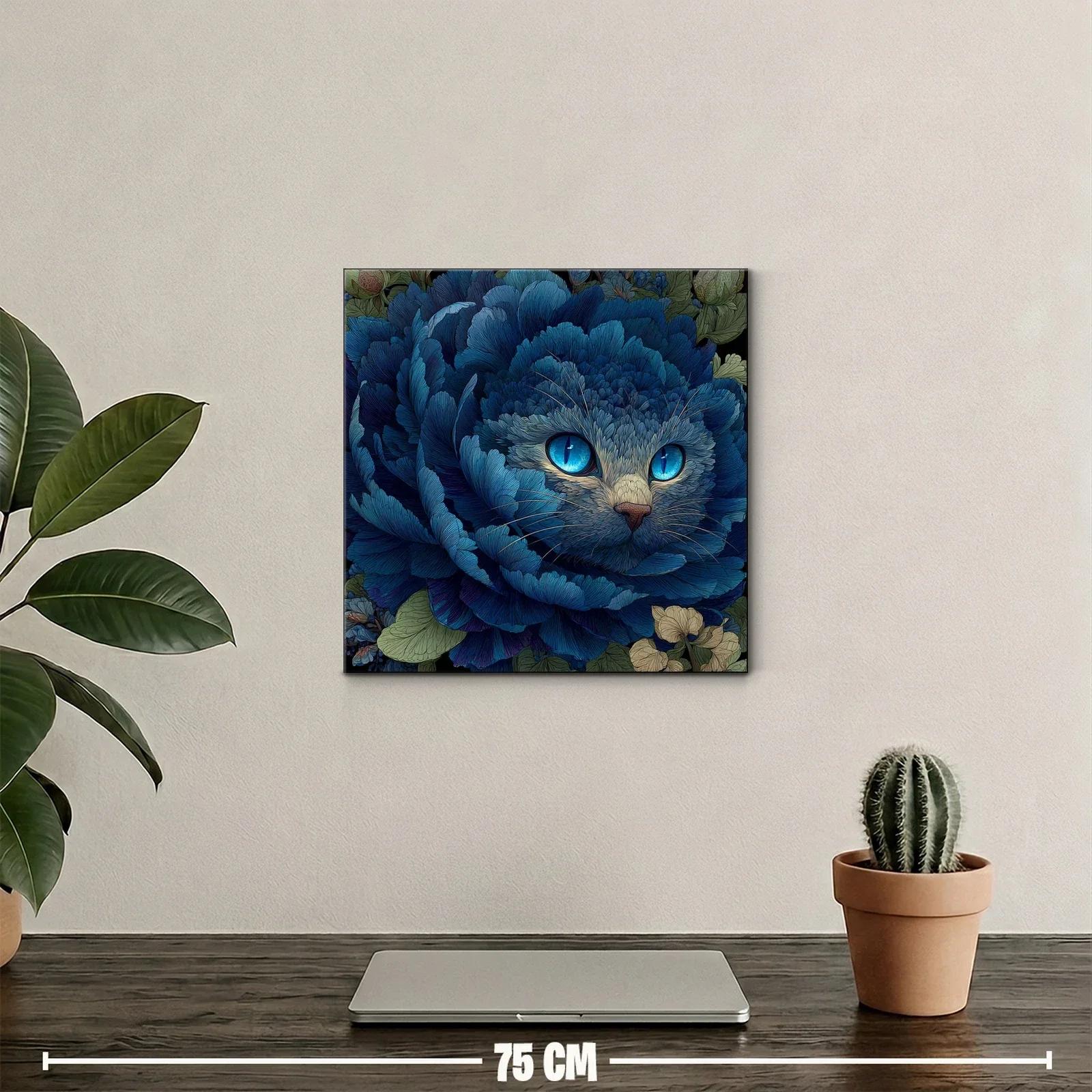 Gato entre pétalos azules con mirada hipnótica y detalle floral — miniatura 2