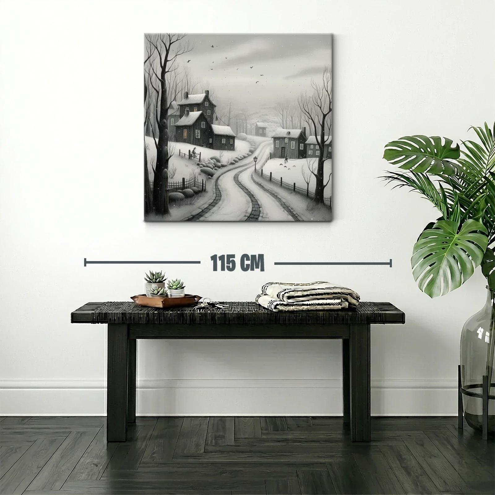 Paisaje invernal con casas y camino nevado en tonos grisáceos — miniatura 2