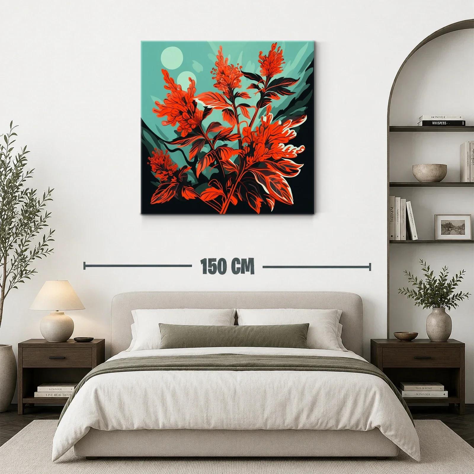 Cuadro floral vibrante con tonos rojos y verdes intensos — miniatura 3