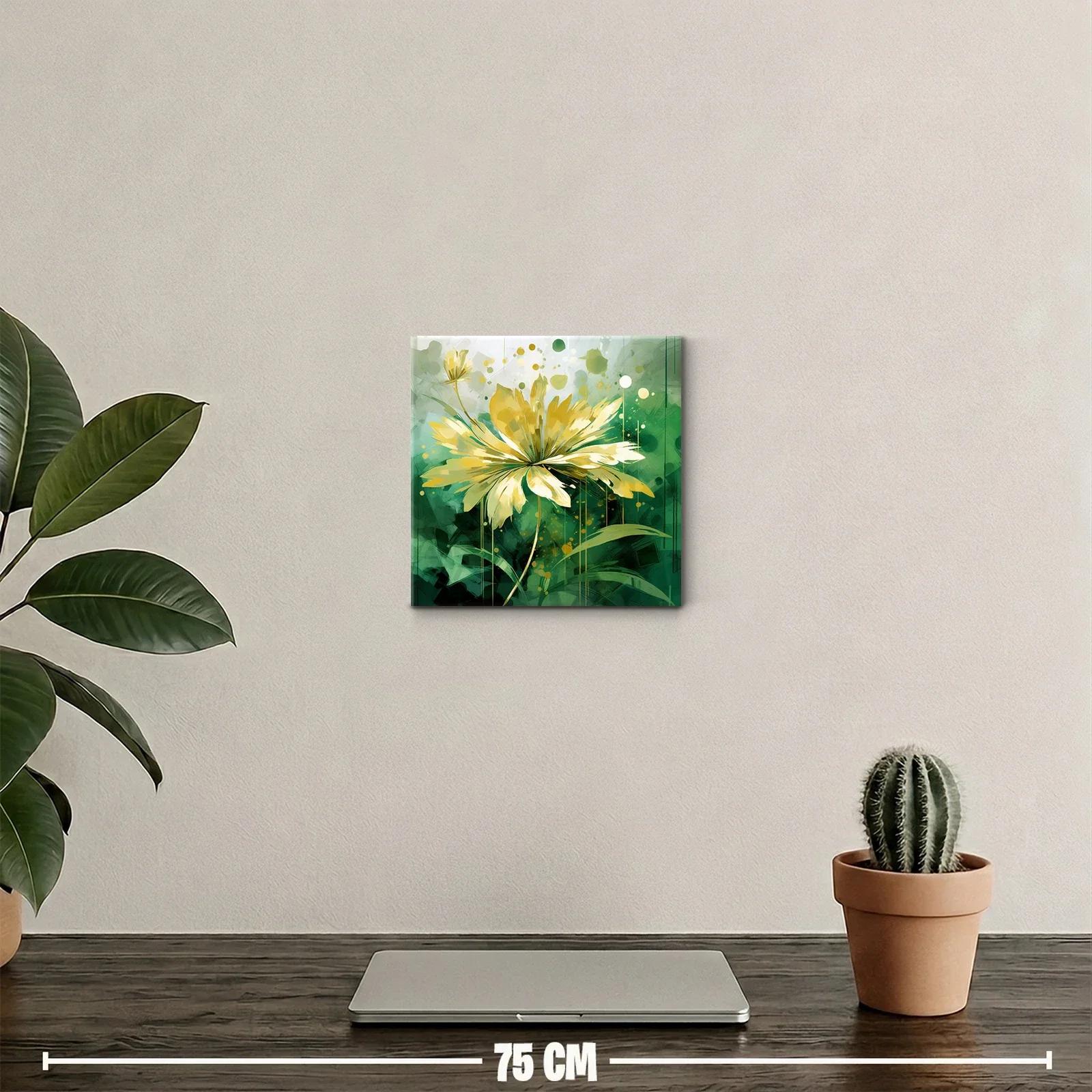 Cuadro decorativo con flor amarilla y fondo verde vibrante — miniatura 2