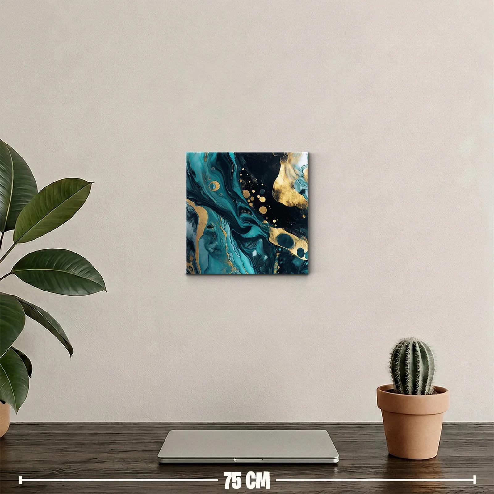 Cuadro abstracto con tonos turquesa y dorado vibrante — miniatura 2
