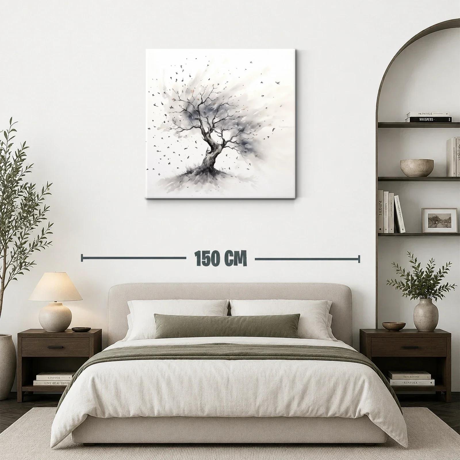 Árbol solitario con aves en tonos neutros — miniatura 3