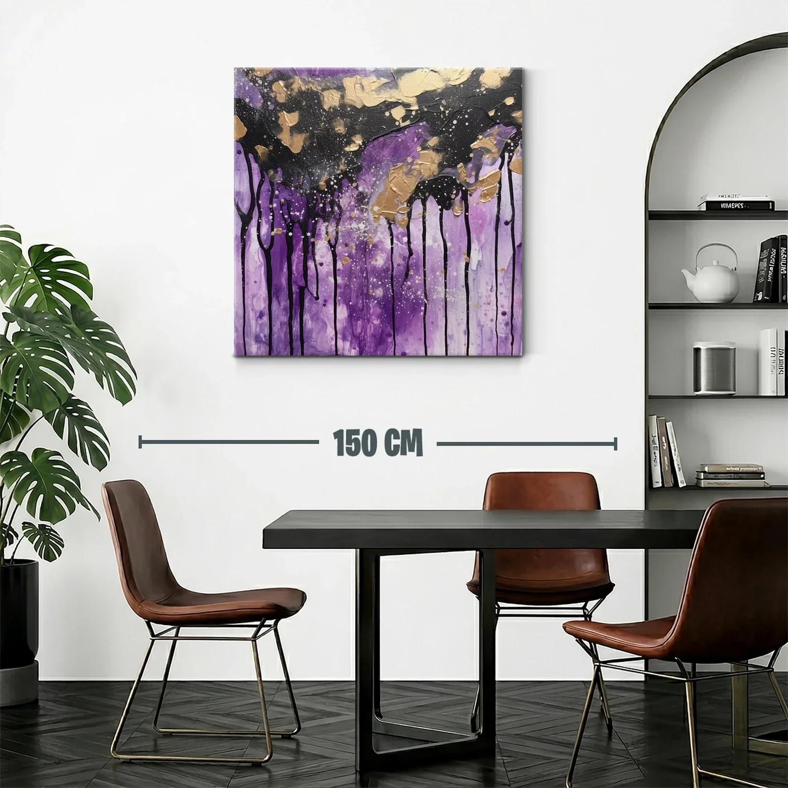 Cuadro abstracto con tonos violetas y detalles dorados — miniatura 2