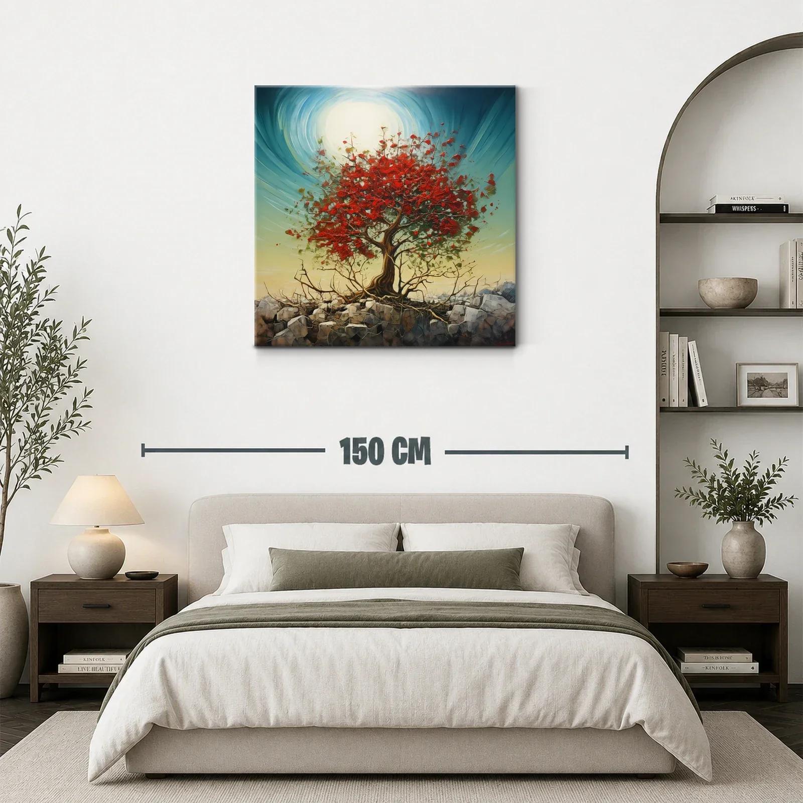 Árbol rojo vibrante sobre rocas con cielo luminoso — miniatura 3