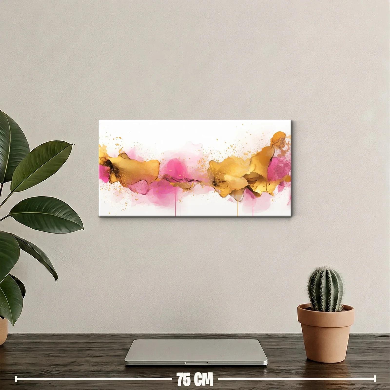 Cuadro mancha abstracta en rosa y dorado con goteos sutiles — miniatura 2