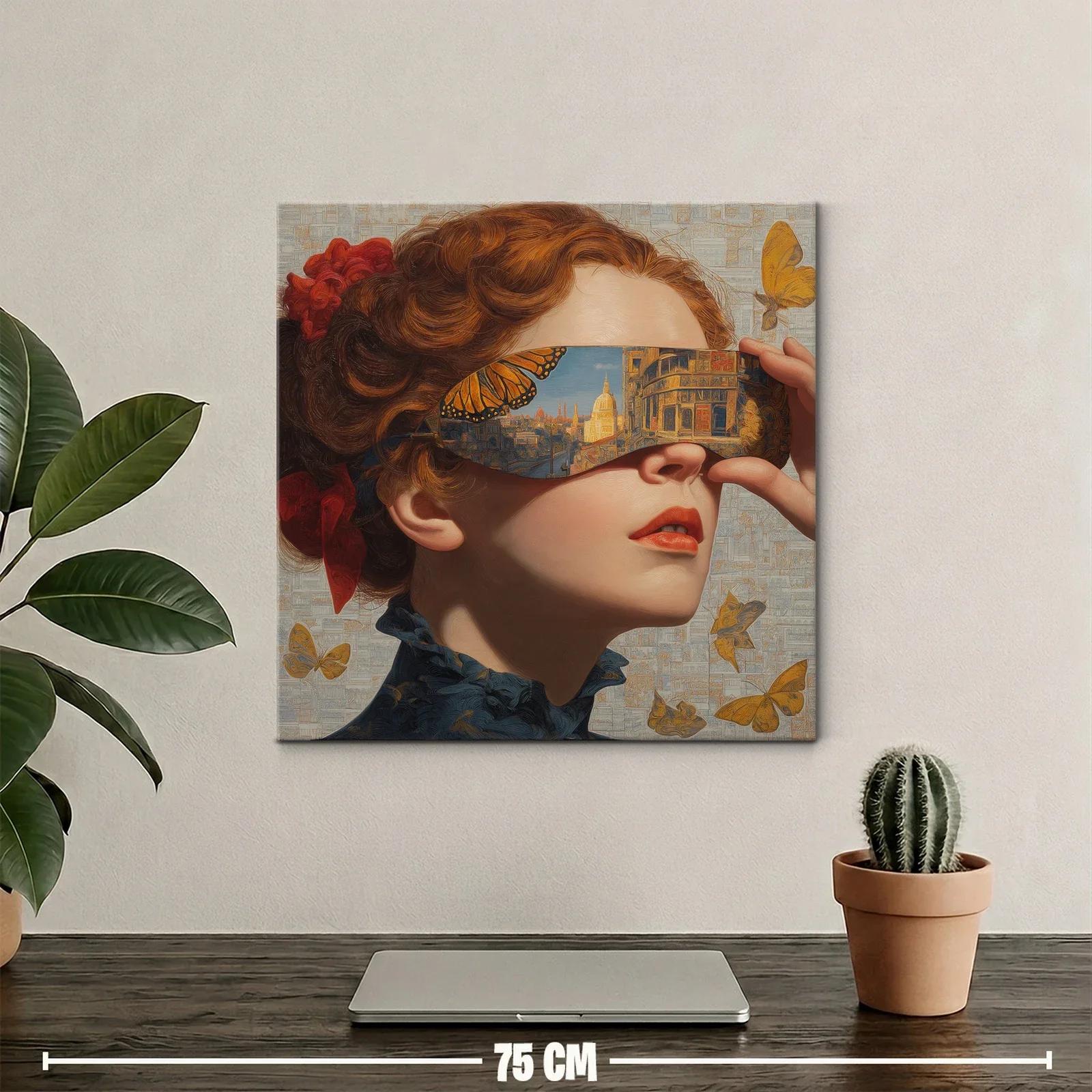 Rostro femenino con reflejo urbano y mariposas doradas — miniatura 2