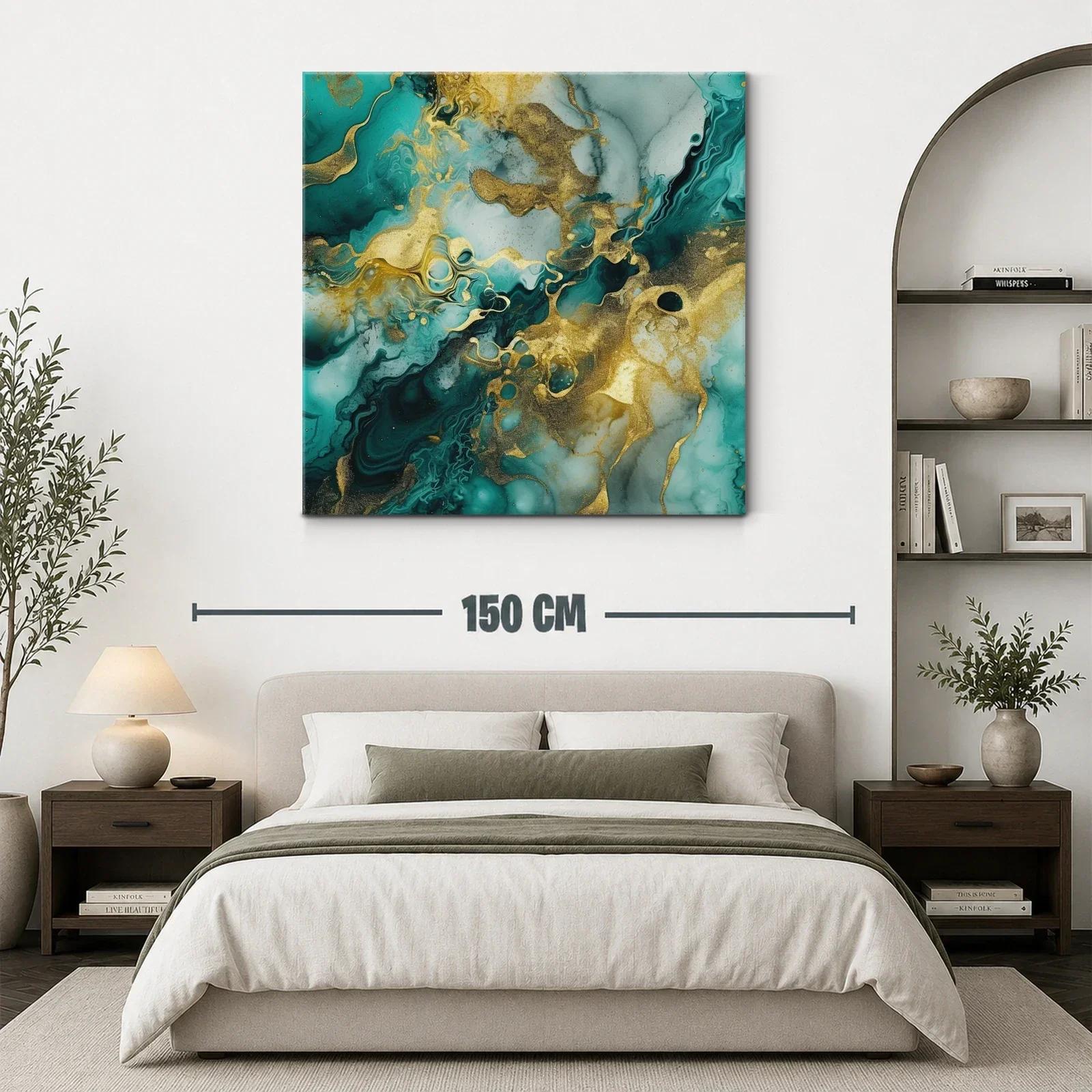 Cuadro abstracto con dorado y tonos verdes marinos vibrantes — miniatura 3