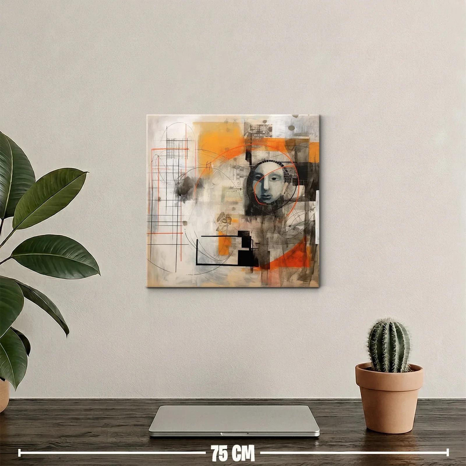 Cuadro abstracto con rostro y formas geométricas naranja y negro — miniatura 2