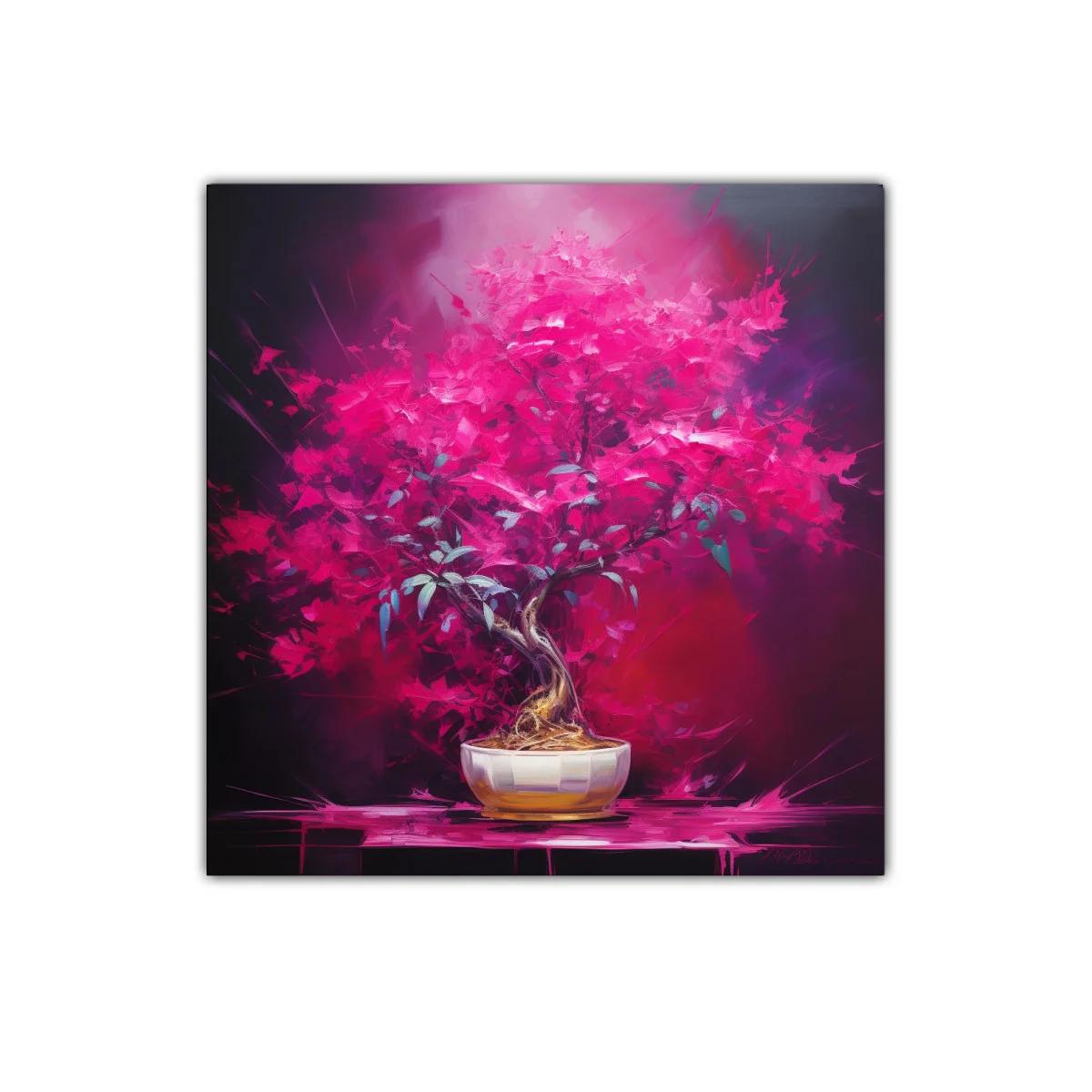 Cuadro decorativo con árbol bonsái de flores rosas vibrantes — miniatura 1