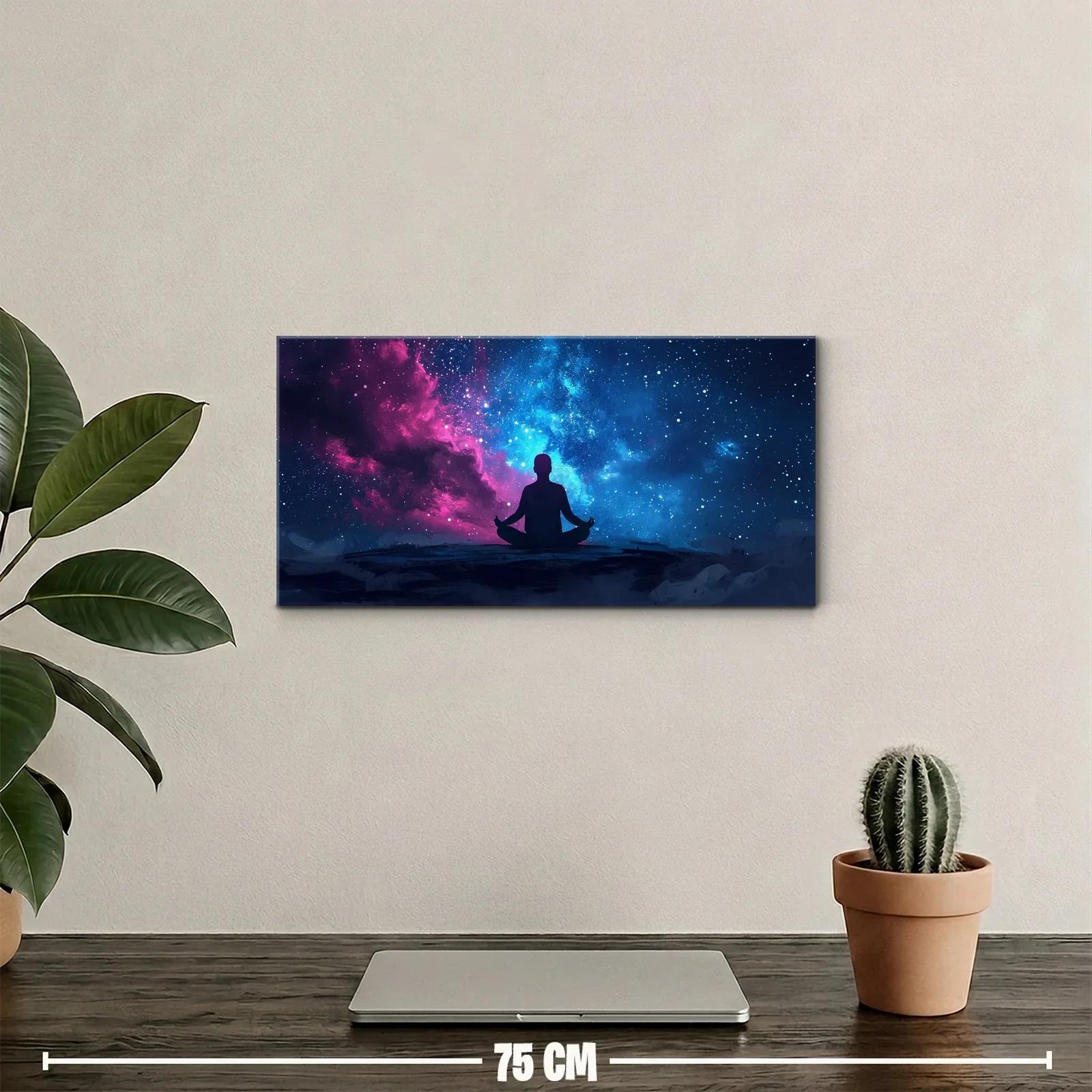 Cuadro silueta de persona meditando bajo cielo galáctico rosa y azul — miniatura 2