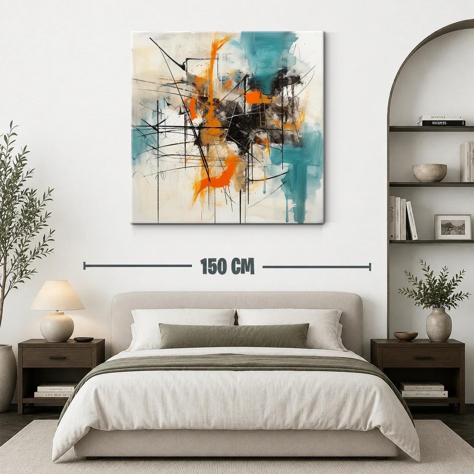Cuadro abstracto con trazos en naranja y turquesa vibrante — miniatura 3