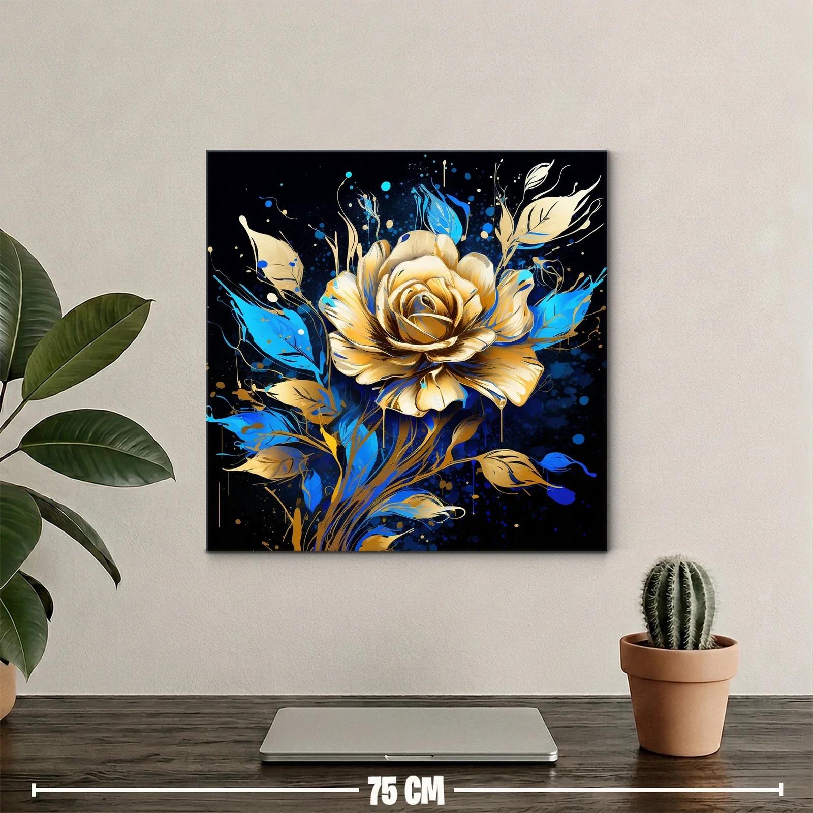 Rosa dorada con hojas azules sobre fondo oscuro — miniatura 2