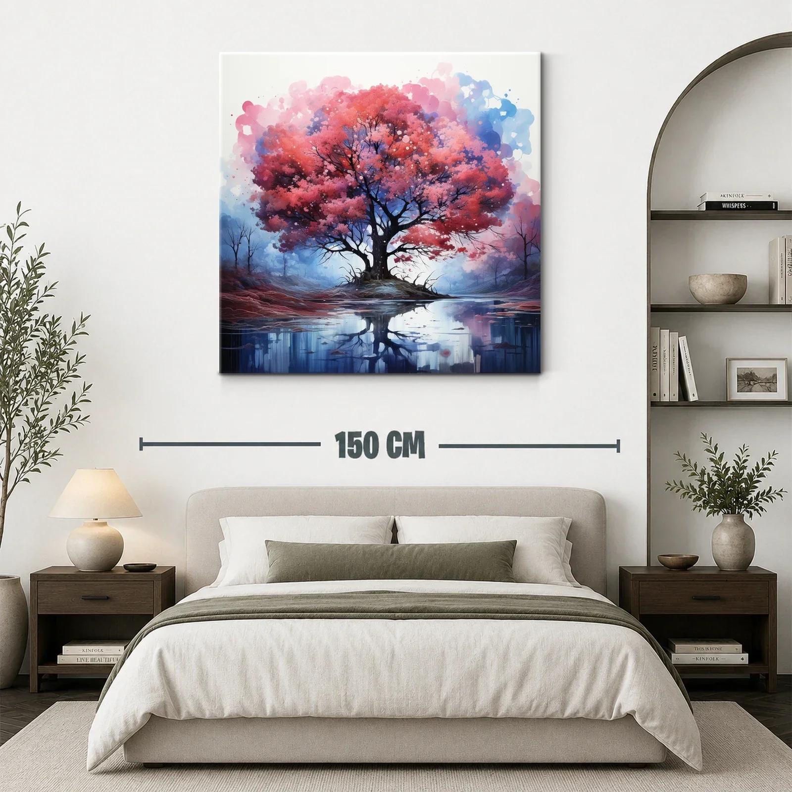 Árbol rojo reflejado en lago sereno con tonos azules — miniatura 3