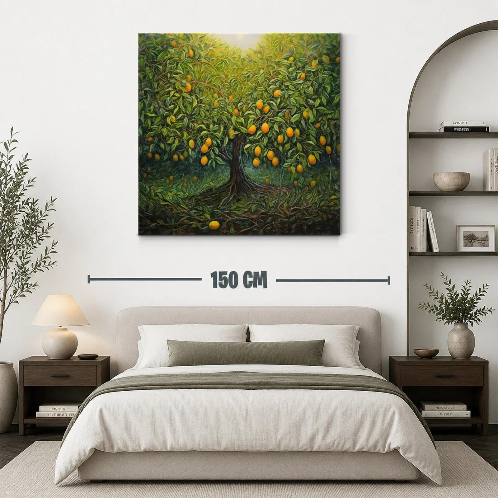 Cuadro árbol frutal con tonos verdes y naranjas vibrantes — miniatura 3