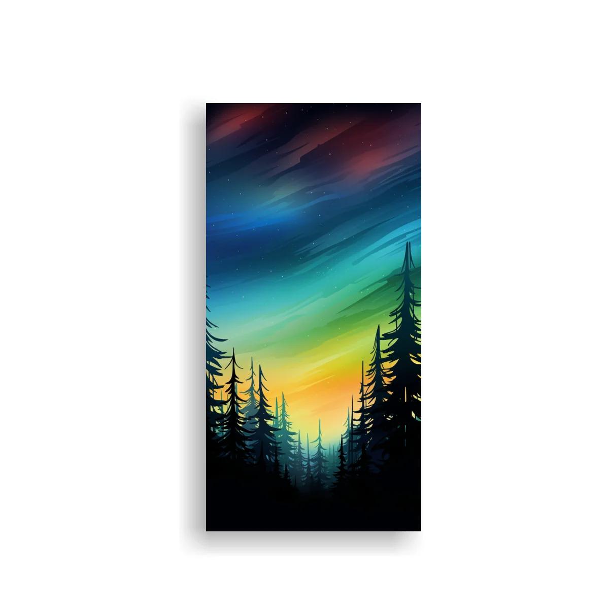 Cuadro bosque de pinos con cielo turquesa y tonos rosados — imagen principal