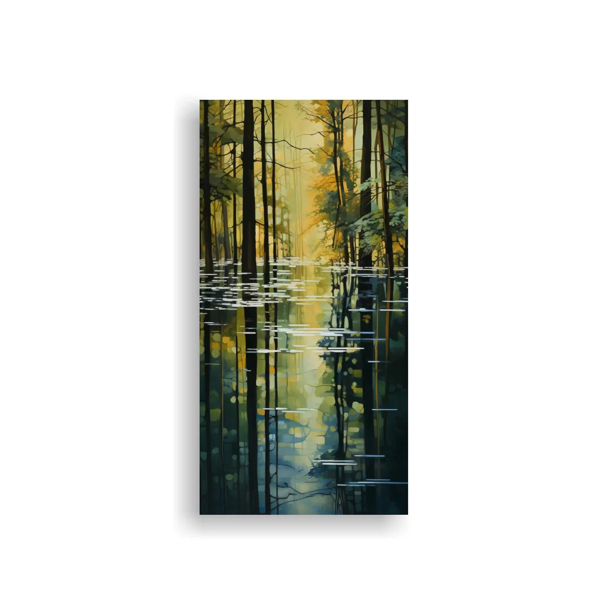 Cuadro bosque junto al agua con reflejos alargados — imagen principal