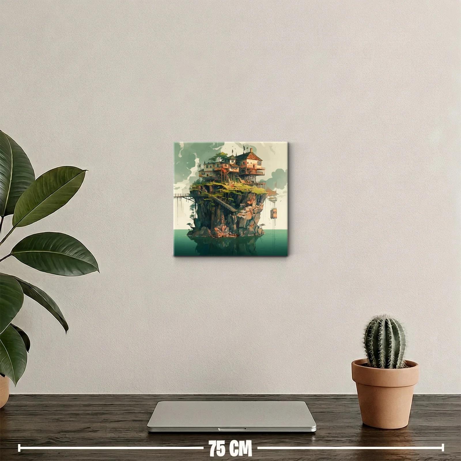 Paisaje surrealista con casas sobre acantilado rocoso — miniatura 2
