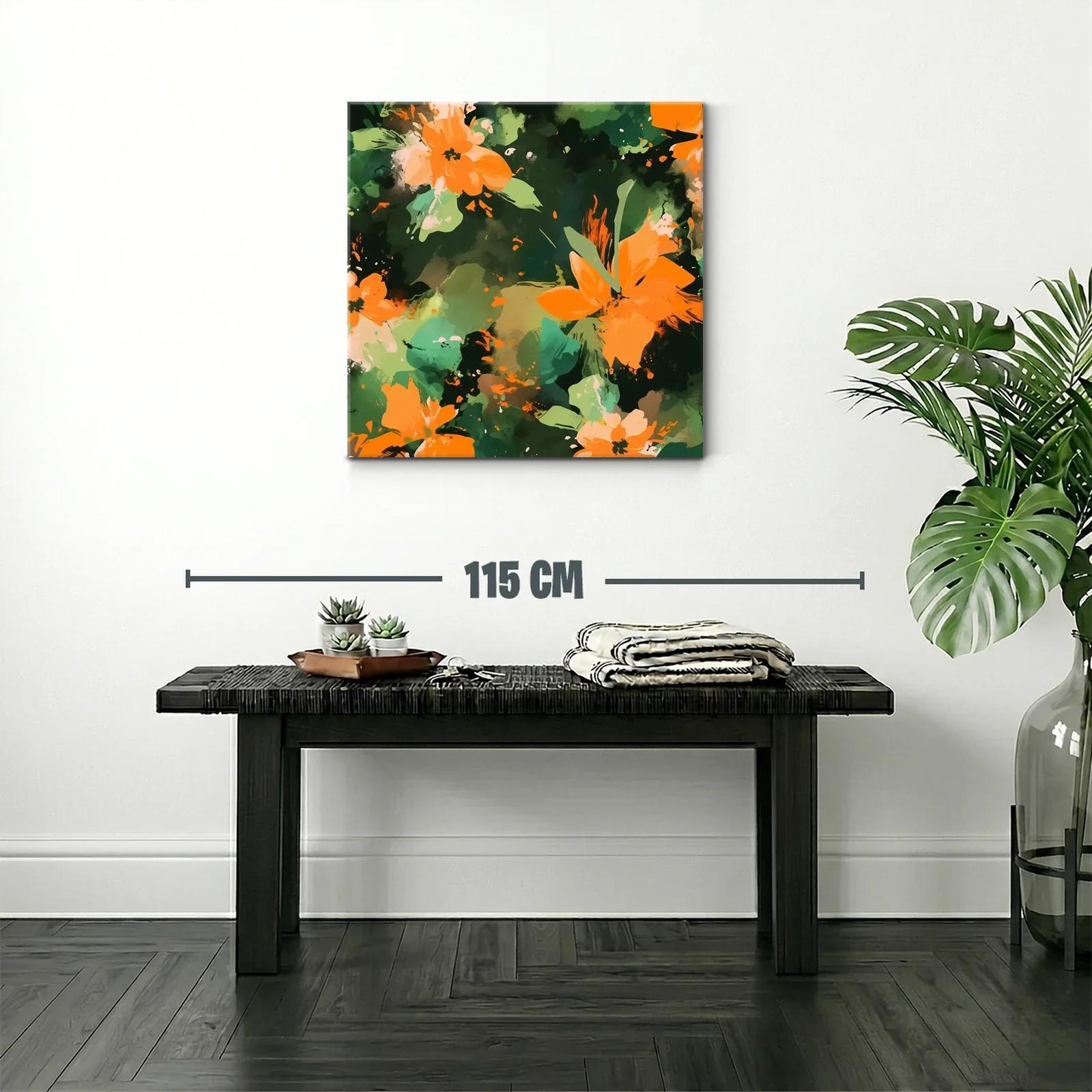 Cuadro abstracto con flores naranja y fondo verde oscuro — miniatura 2