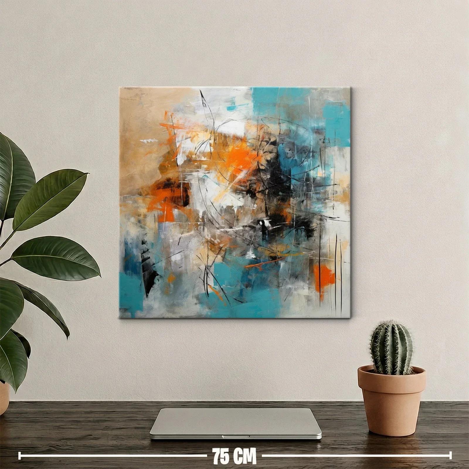 Cuadro abstracto con toques en turquesa y naranja vibrante — miniatura 2