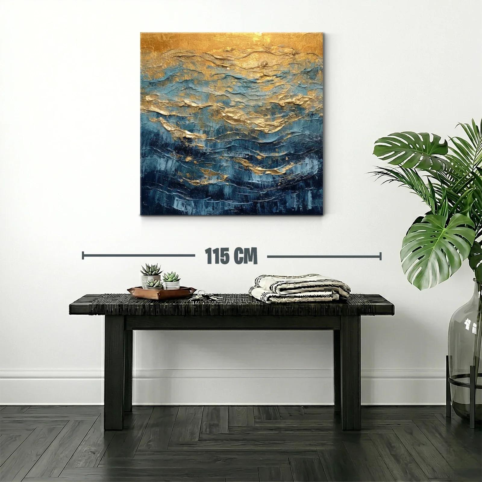 Cuadro abstracto con tonos dorados y azules vibrantes — miniatura 2