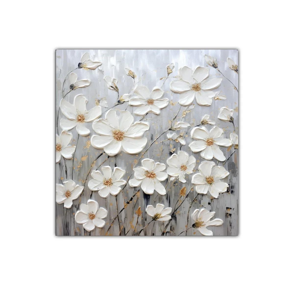 Cuadro decorativo con flores blancas y detalles dorados