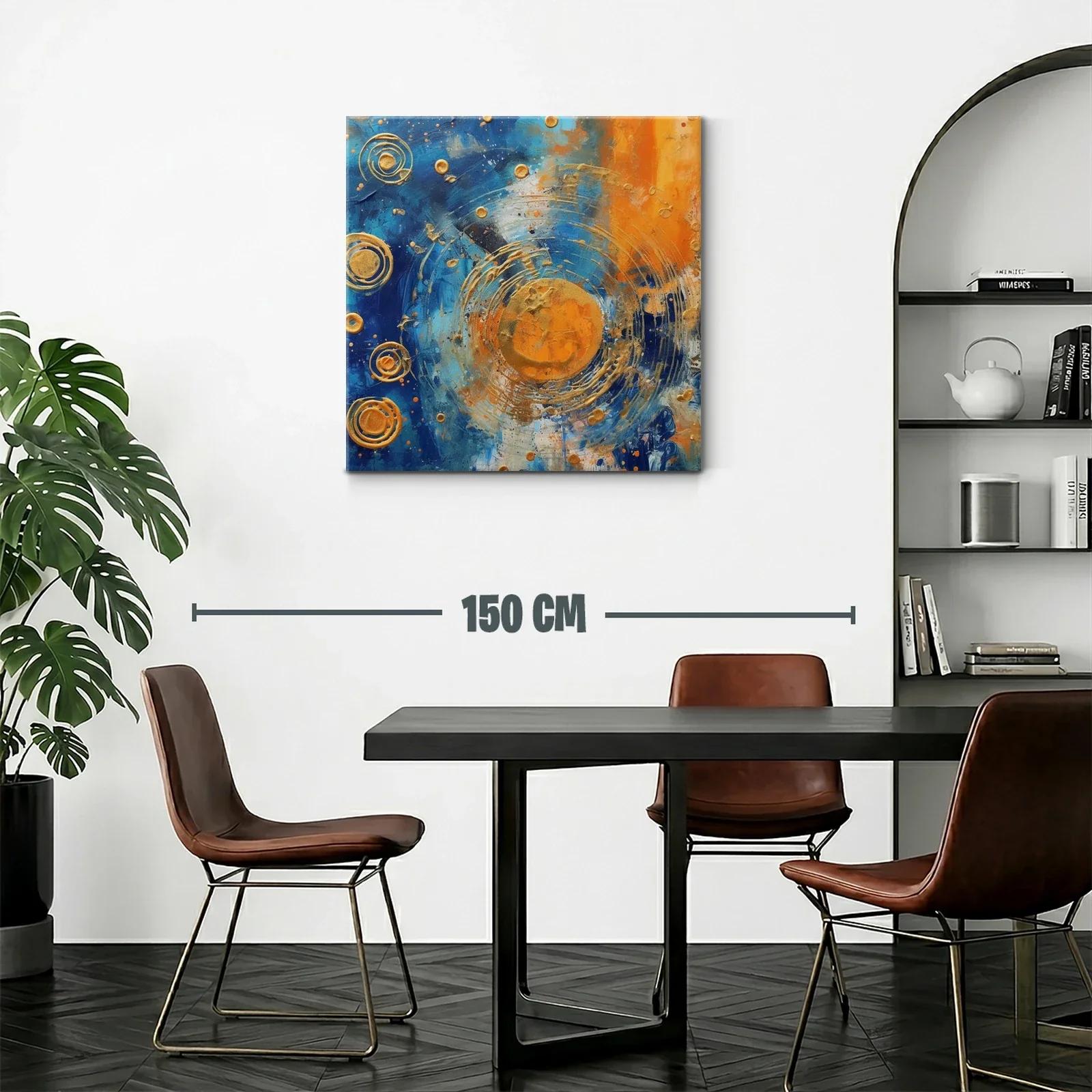 Cuadro abstracto con círculos dorados y contraste azul naranja — miniatura 2