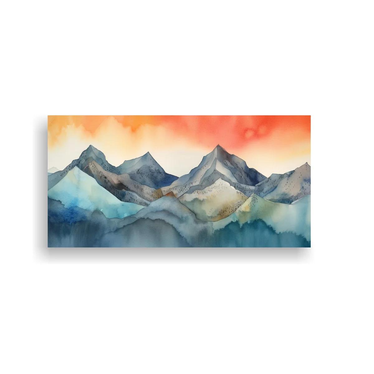 Cuadro cordillera de montañas en tonos azules y cielo anaranjado