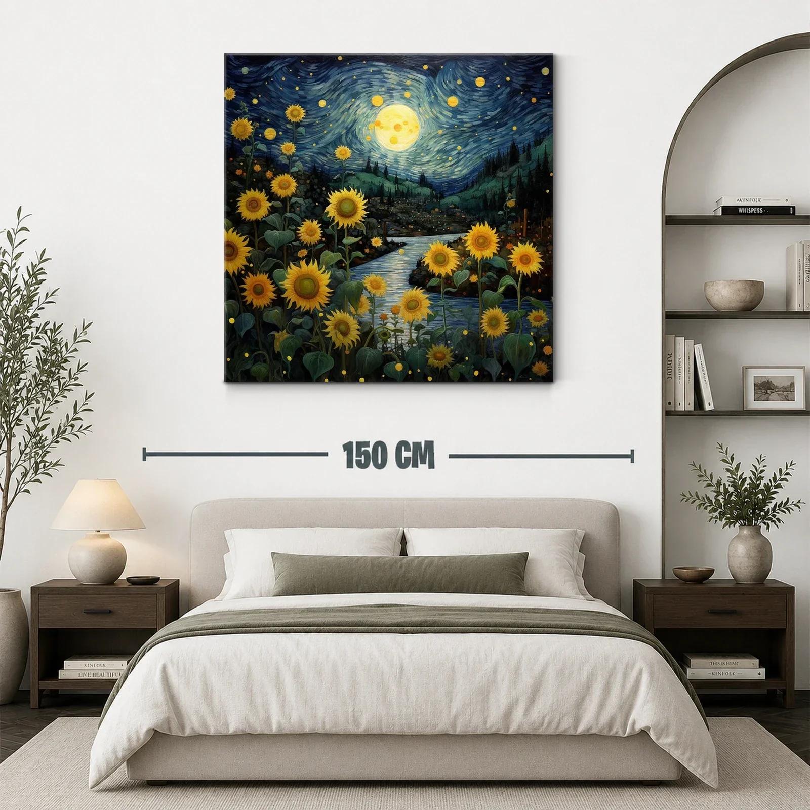 Campo de girasoles bajo un cielo estrellado y la luna llena — miniatura 3