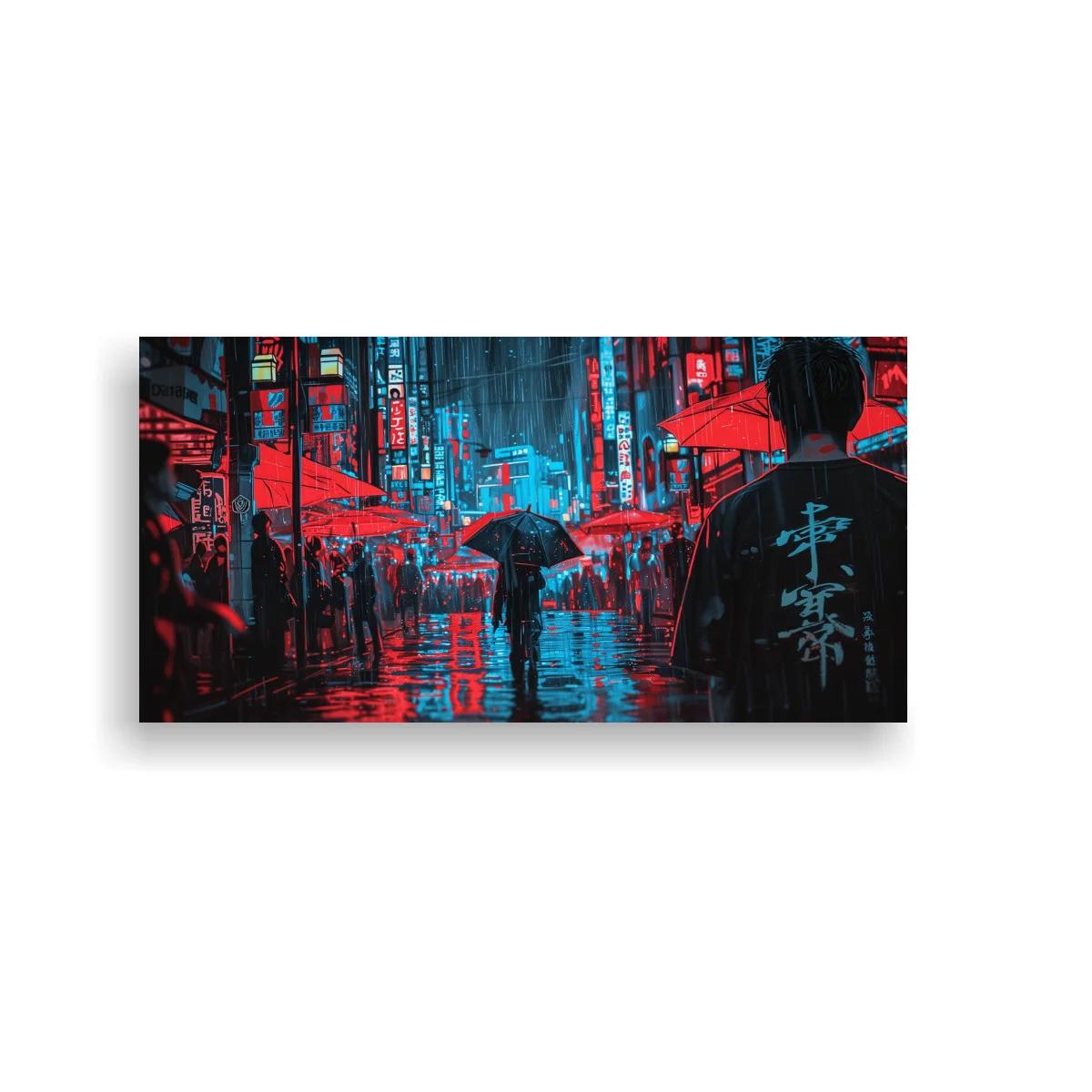 Cuadro calle urbana lluviosa de noche con neón rojo y turquesa — imagen principal