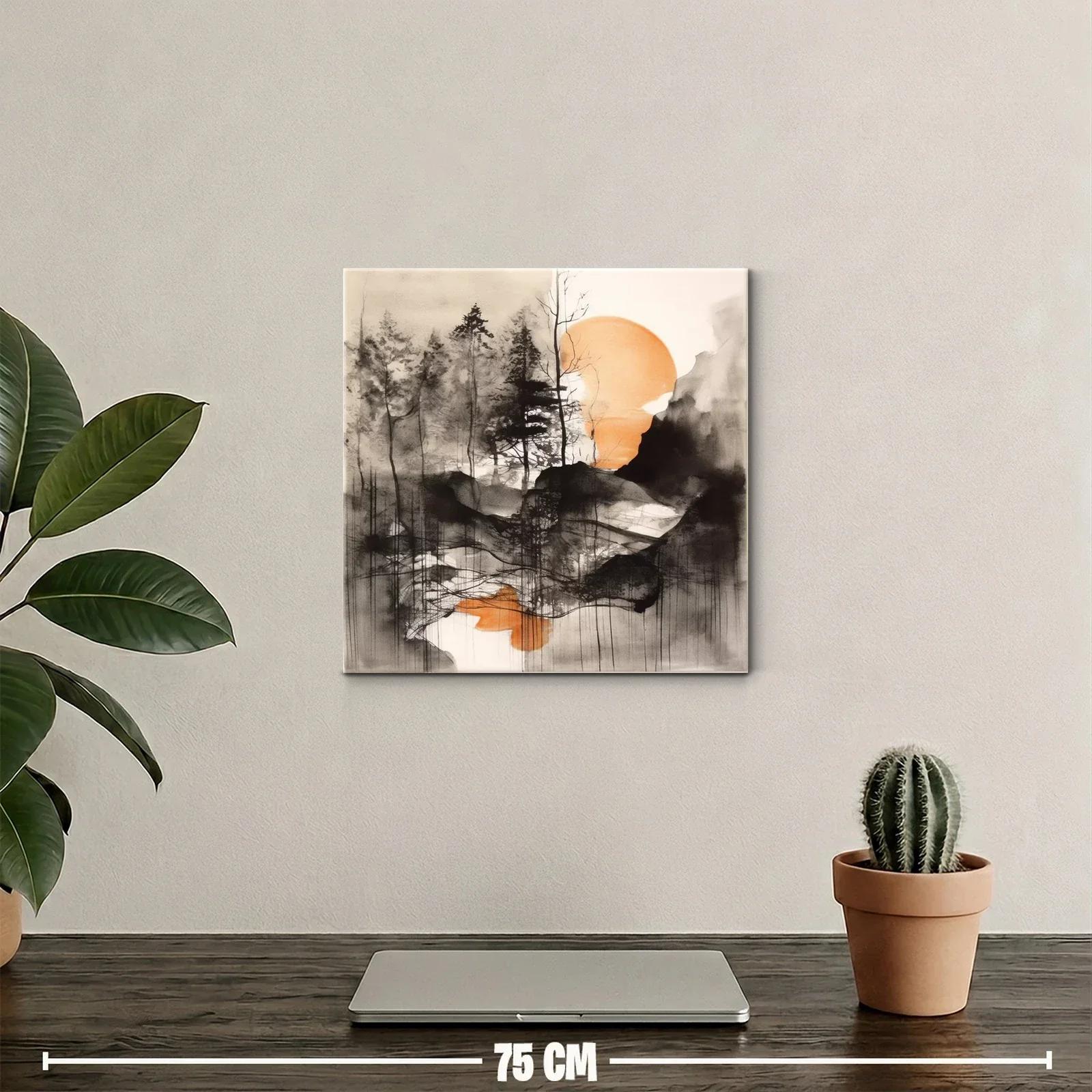 Paisaje abstracto con árboles y sol anaranjado al fondo — miniatura 2