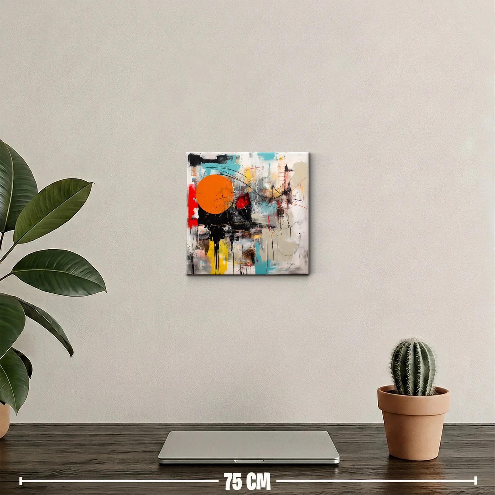 Cuadro abstracto con círculo naranja y trazos dinámicos — miniatura 2