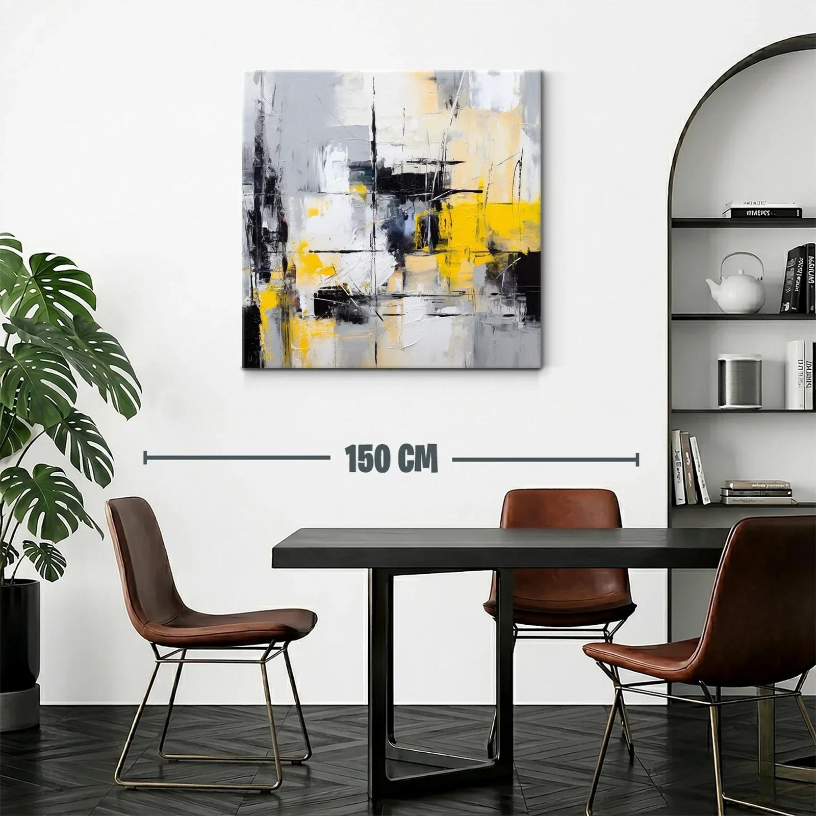 Cuadro abstracto con tonos grises, negros y amarillo vibrante — miniatura 2