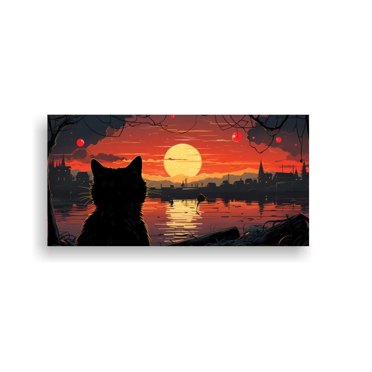 Cuadro gato negro en la orilla con luna llena y ciudad al fondo — imagen principal