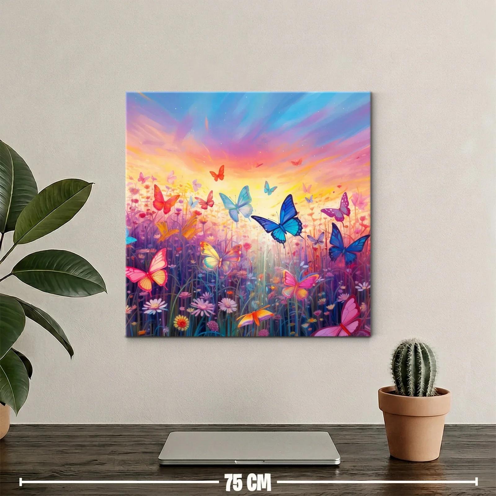 Mariposas en vuelo sobre campo de flores al amanecer — miniatura 2