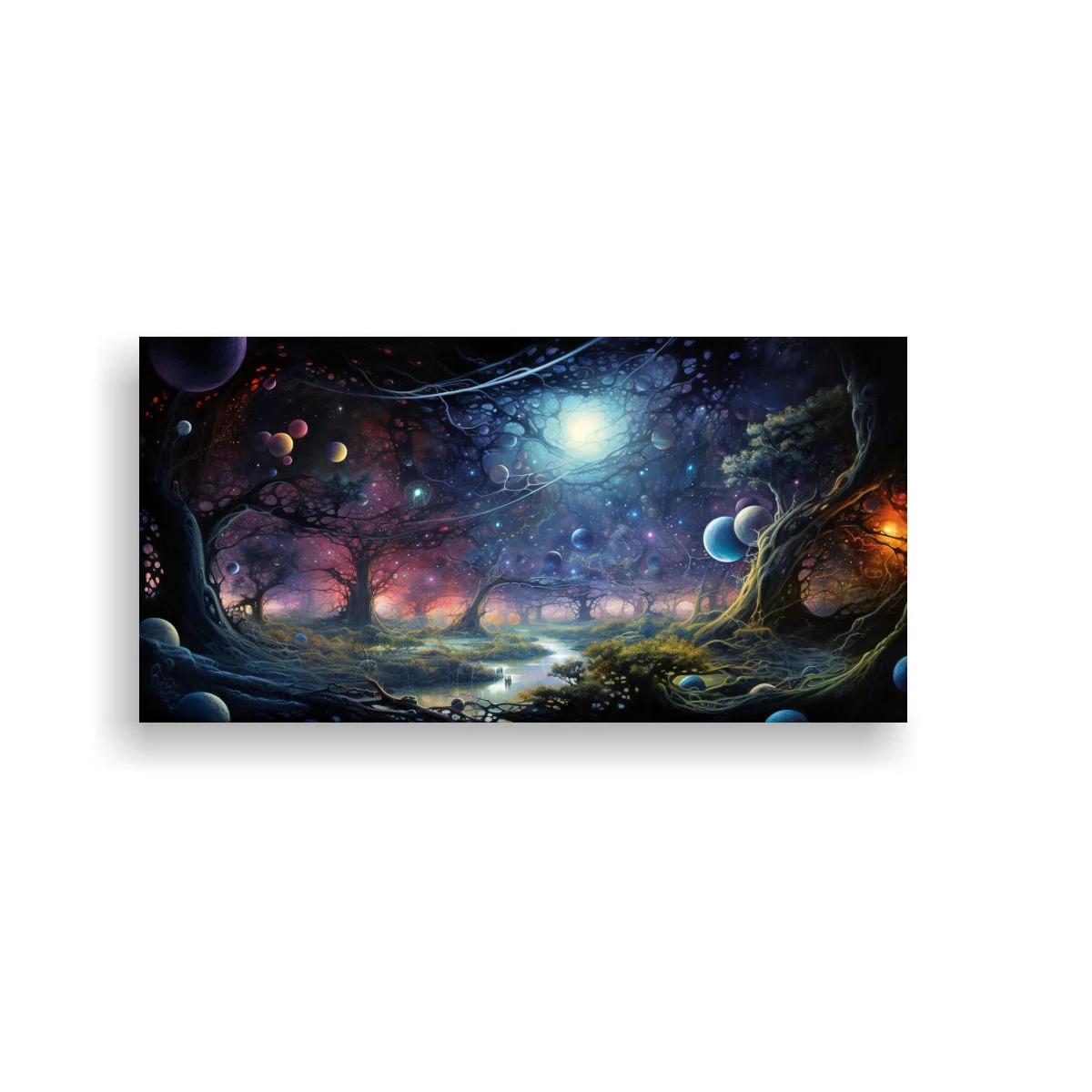Cuadro bosque fantástico cósmico con claro luminoso — imagen principal
