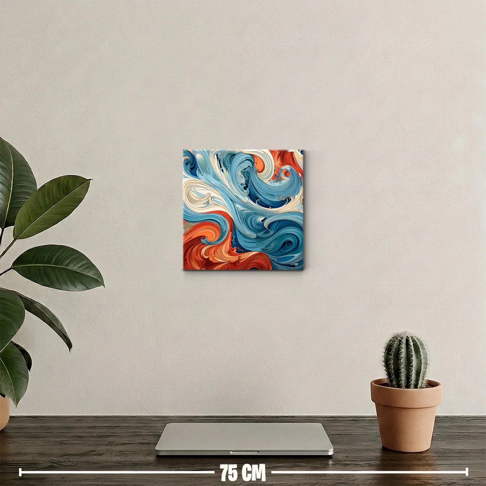 Cuadro abstracto con dinámicas formas ondulantes en tonos cálidos y fríos — miniatura 2